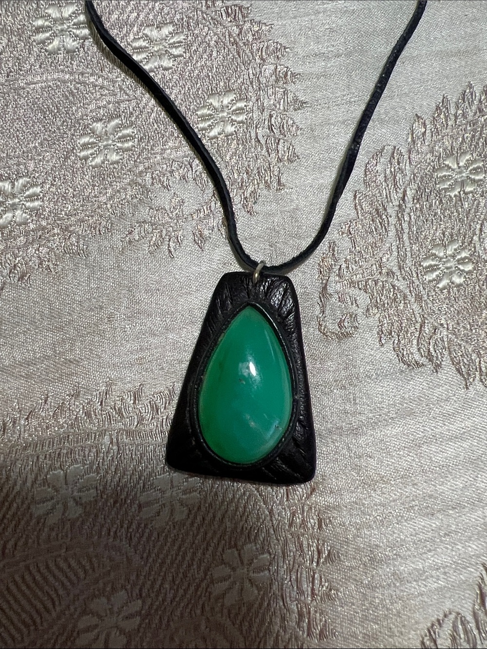 Green Teardrop Pendant Necklace - Leather Cord